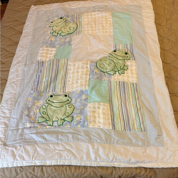 Handmade Toddler Frog Themed Reversible Quilted Texture Blanket Nursery 35 X 44 - Picture 1 of 13